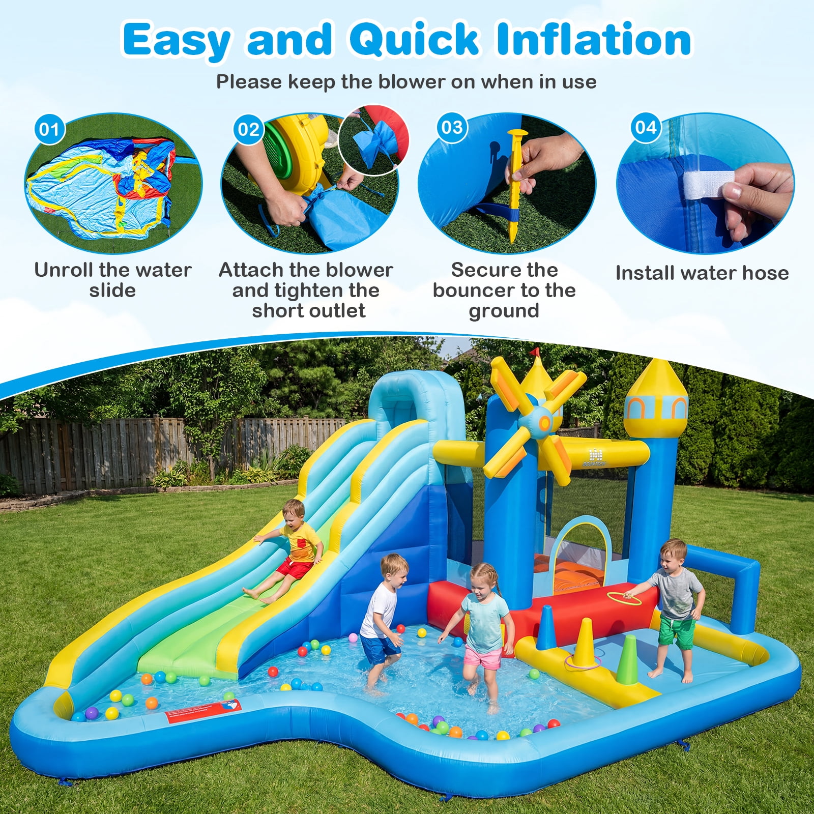 Costway Inflatable Water Slide Park with Slide, Jumping Area, Splash Pools, 680W Blower