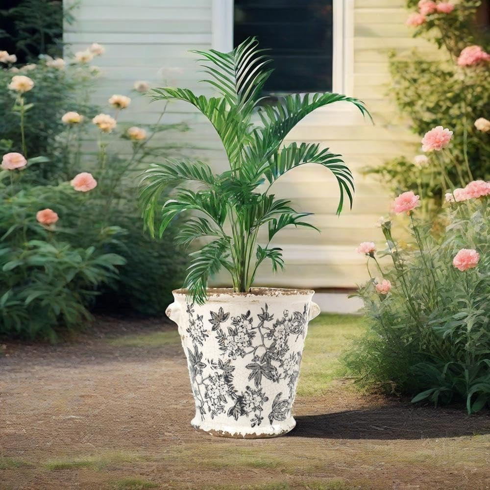 Vintage Planter Flower Pot Rustic Container with Handle Ceramic Ice Crack Plant Pot with Drainge Hole Decorative Planter for Indoor and Outdoor Tuscan Decor Vase Gardening Gift (Grey)