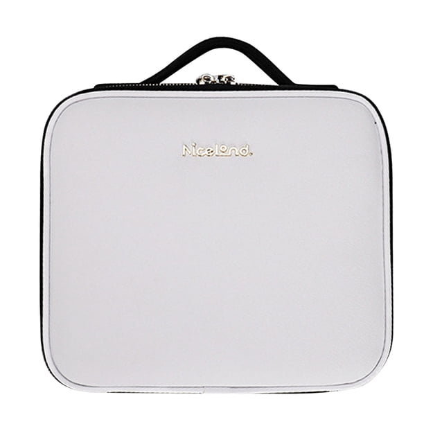 Bolsa de cosméticos de cuero PU con cremallera y luz LED de espejo (paquete pequeño blanco)