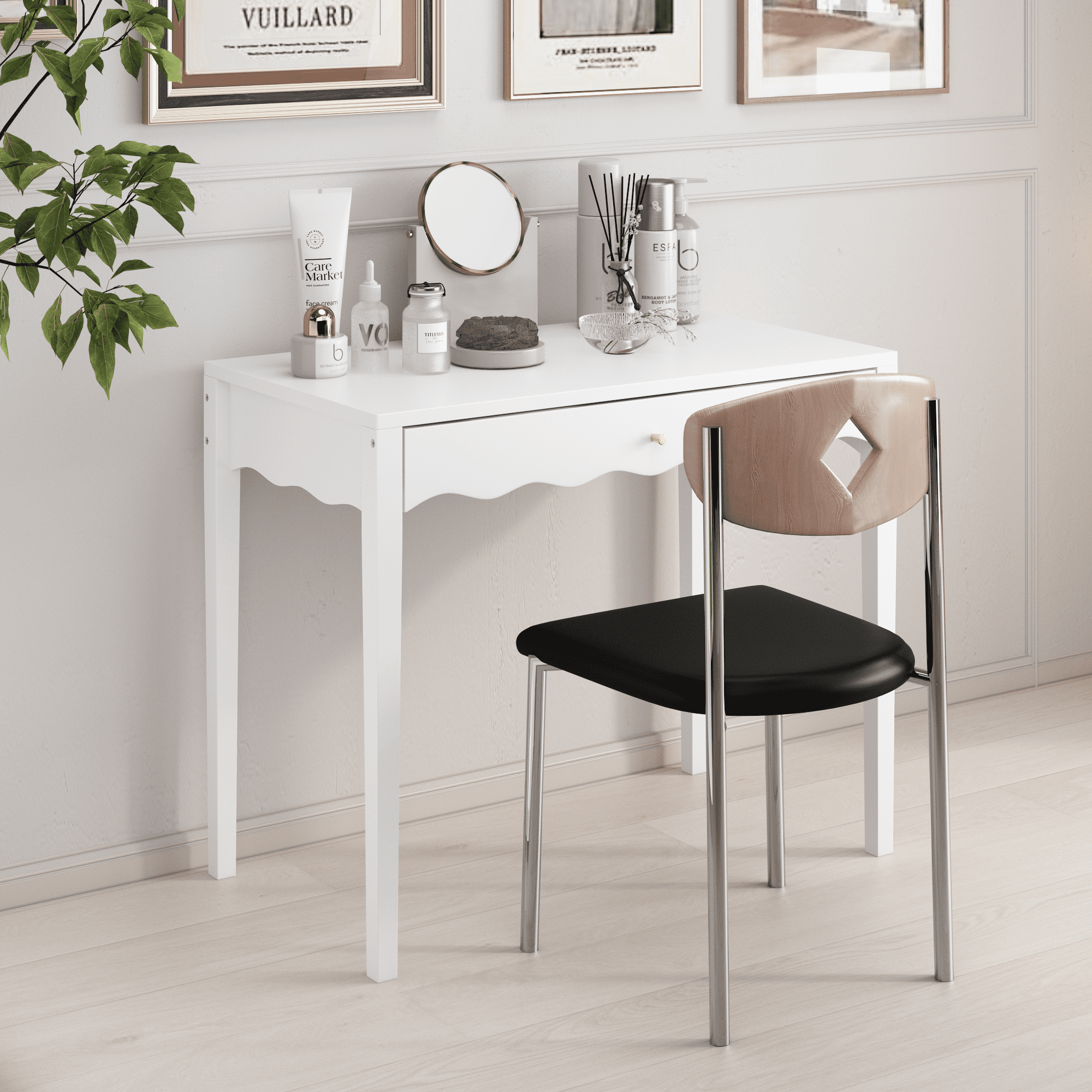 35.43" Vanity Desk with Drawer, Modern Makeup Table with Scalloped Front & Gold Knob, Compact Writing Desk with 4 Sturdy Legs for Bedroom, Small Home Office & Apartment Spaces