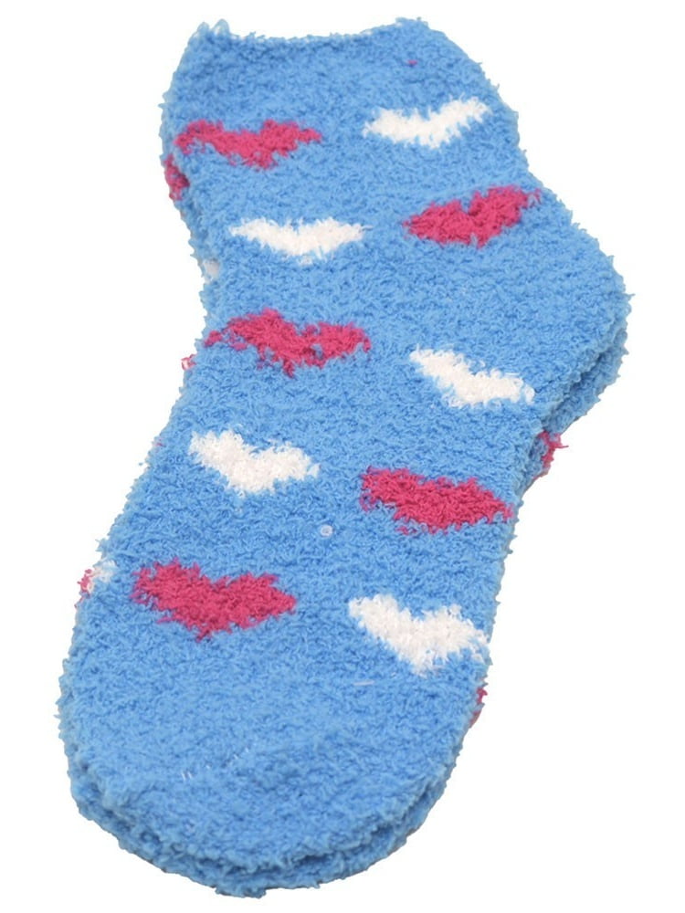 Soft & Cozy - Womens Blue Fuchsia White Heart Spot Fuzzy Texture Socks ...