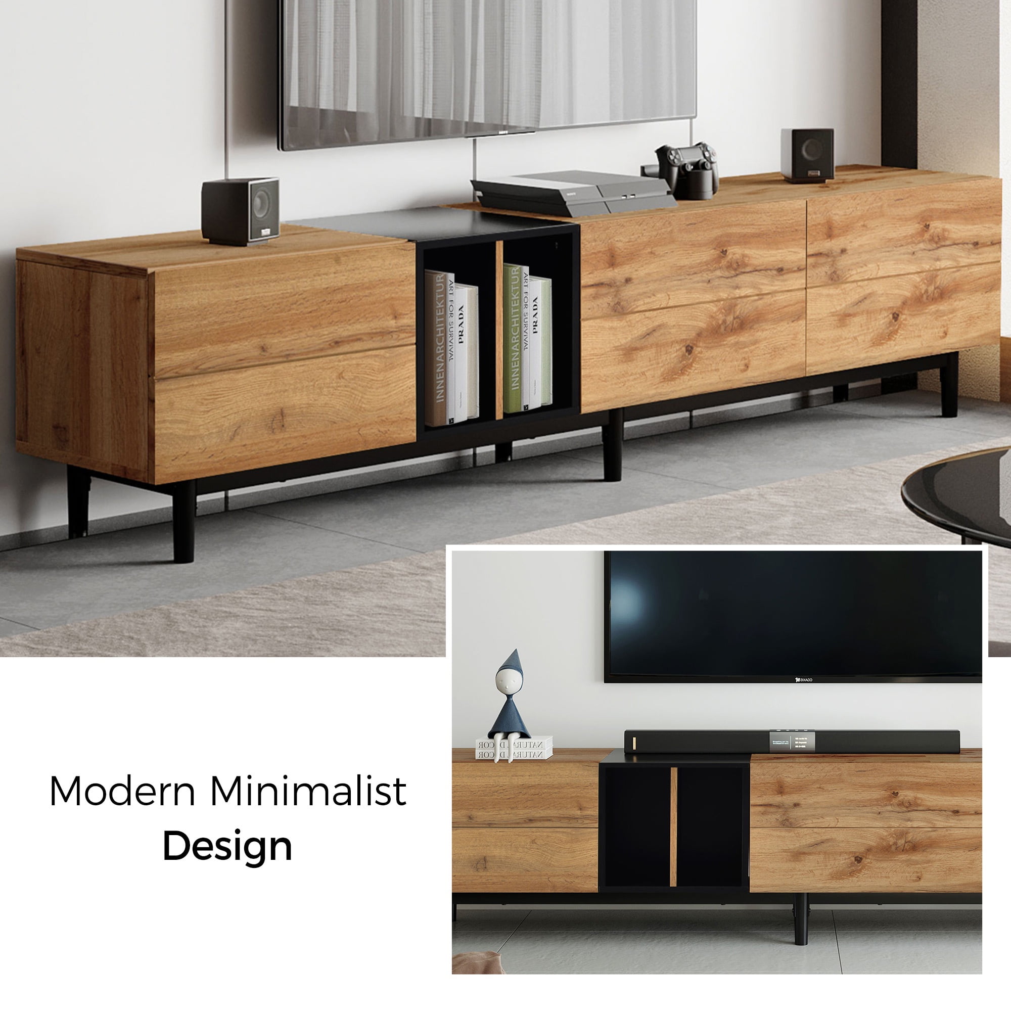 PORKISS TV Stand for 80 Inch TV, Entertainment Center with Storage Shelves, Media Console with Metal Legs for Living Room, Natural Wood