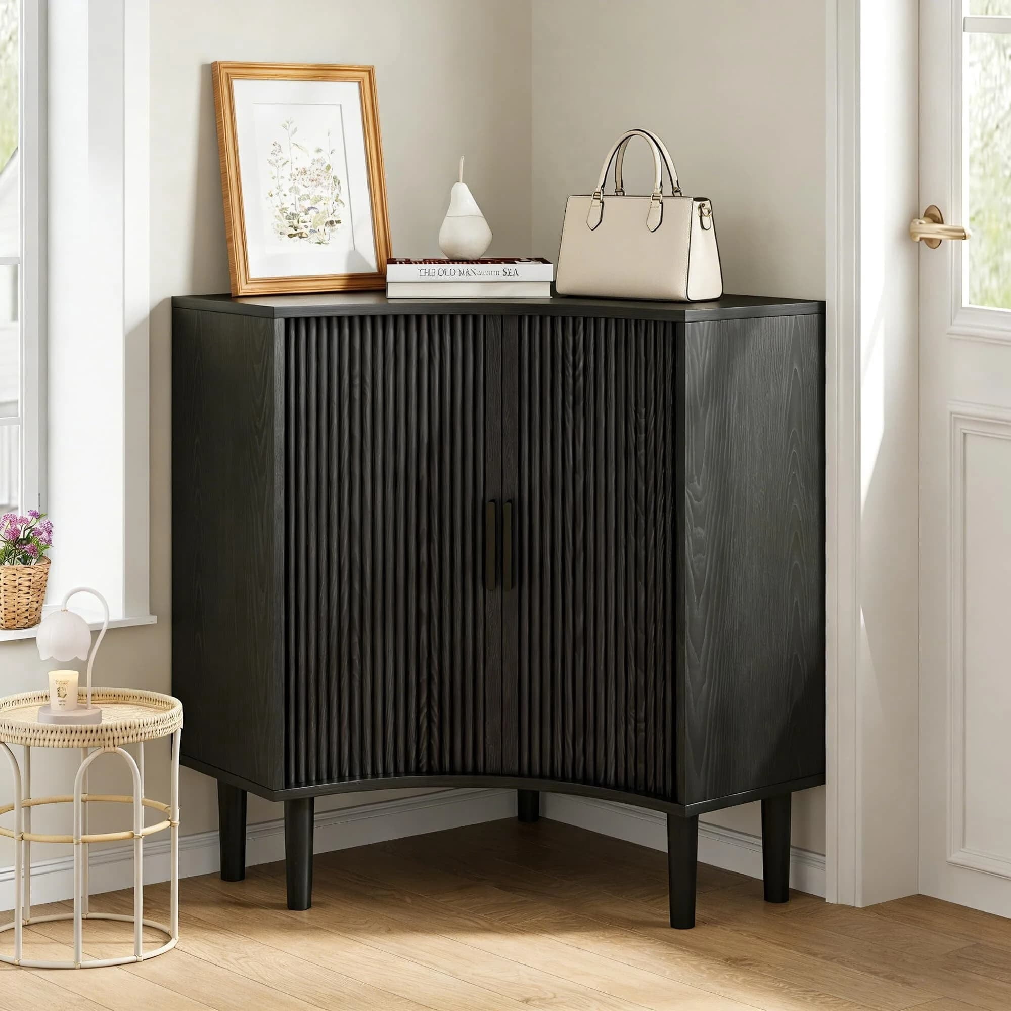 Modern Fluted Corner Cabinet with Sliding Doors, Small Wood Corner Storage for Small Space, Black