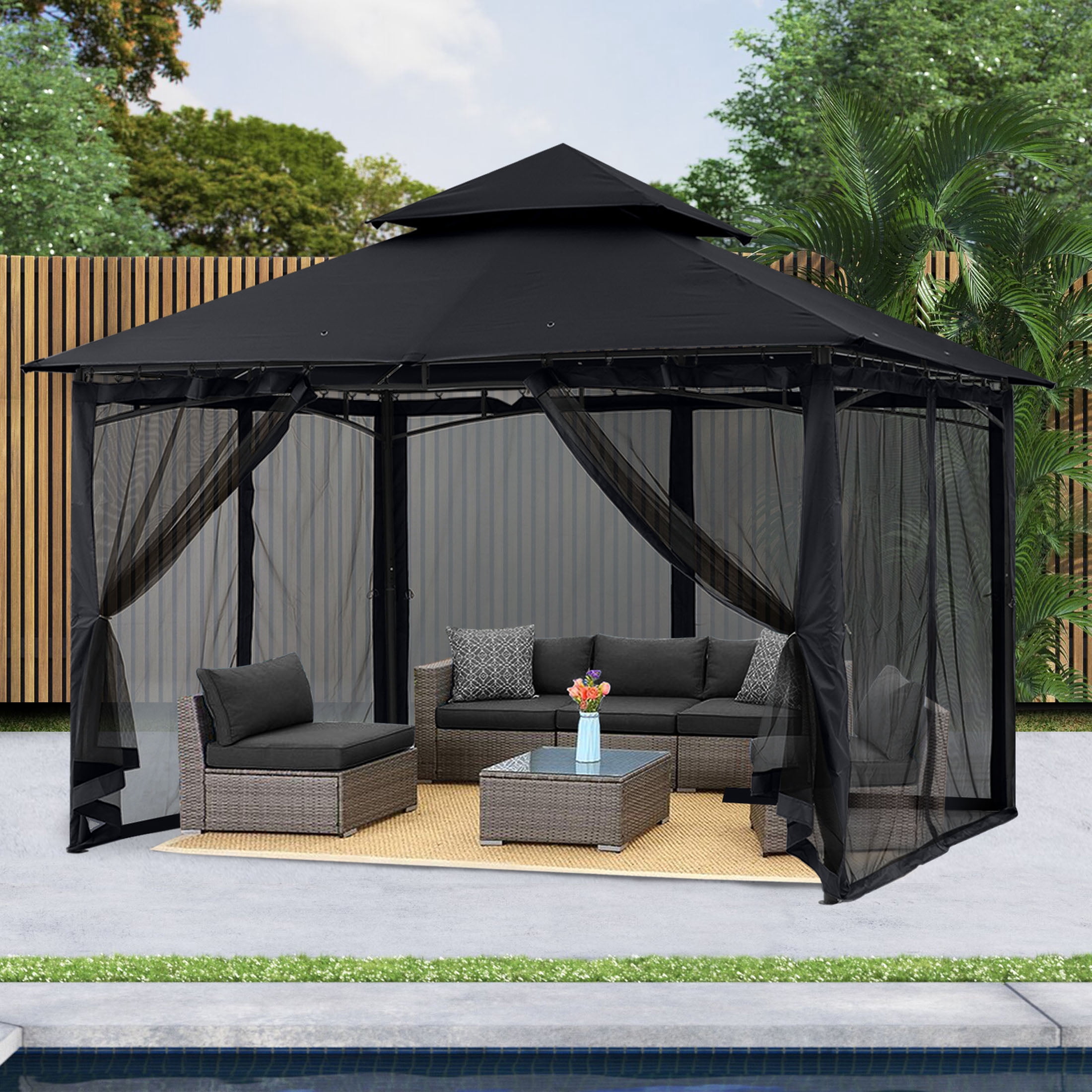 MASTERCANOPY 11 x 11ft Patio Gazebo with Double Roof and Mesh Walls, Black