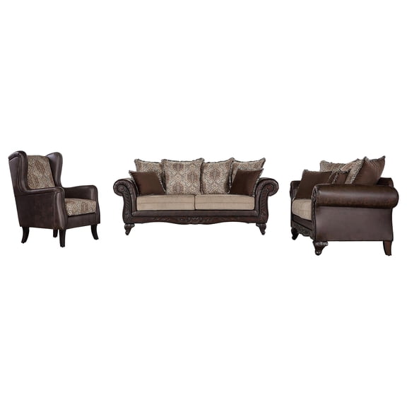 Elmbrook 3-piece Upholstered Rolled Arm Sofa Set Brown