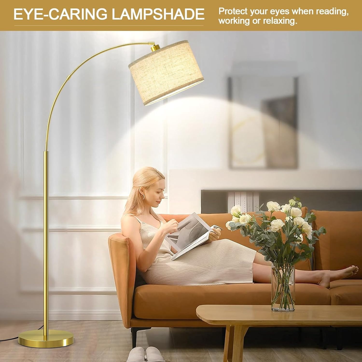 Arc Floor Lamp, 71" Tall Standing Lamp with On/Off Foot Switch, Gold Floor Lamp for Living Room with Adjustable Drum Lampshade, Over Couch Arched Reading Light for Reading, Bedroom, Office