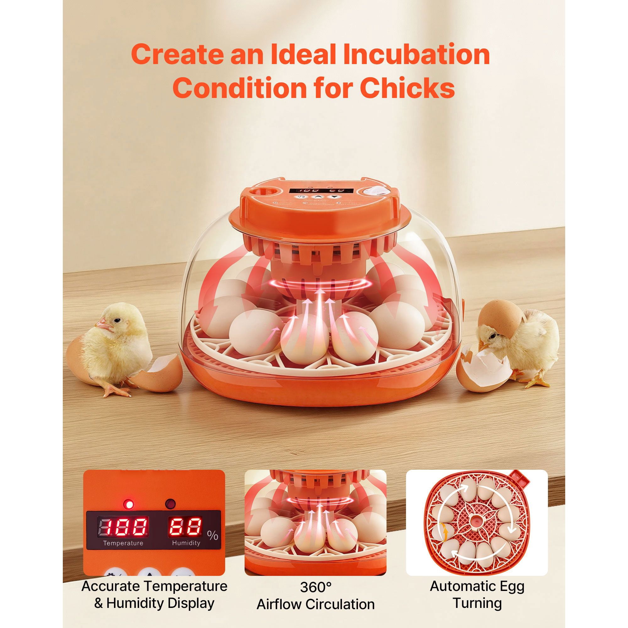 Egg Incubator 12 Eggs Automatic Turner with LED Candler Temperature Humidity Control 360° View Window for Hatching Chicks