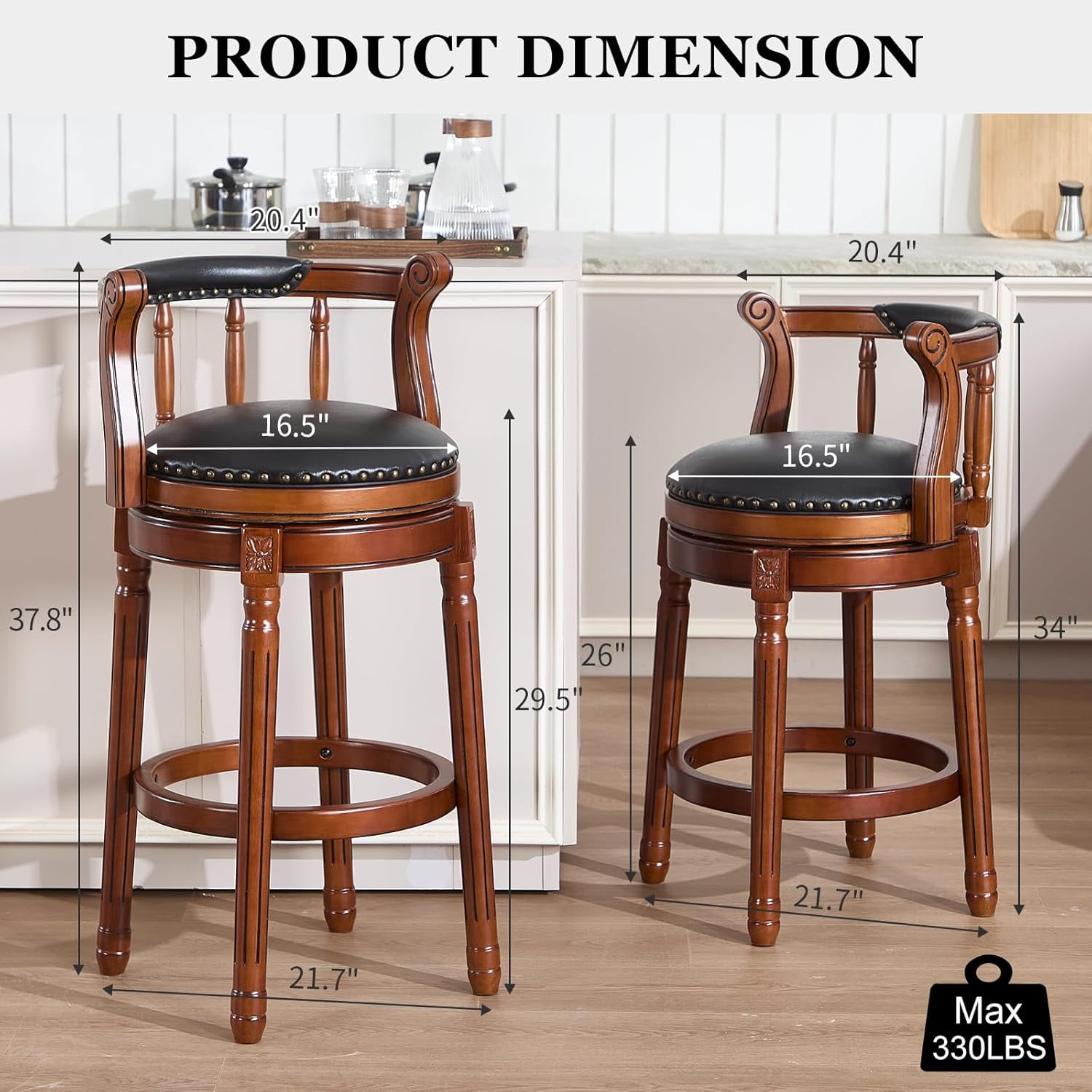 Aulife Bar Stools Genuine Leather Counter Height barstool Wooden Swivel kitchen Stool with Footrest for Kitchen Dining Room