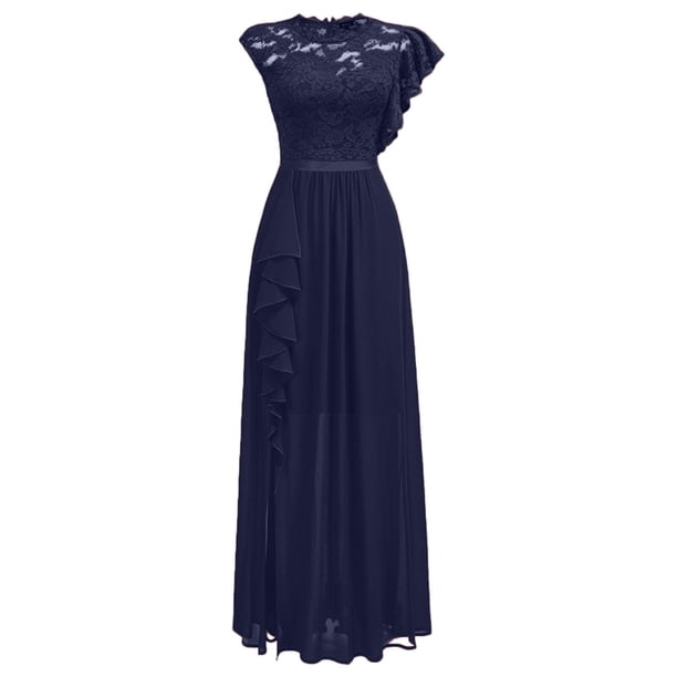 Vestido de noche para mujer, largo, elegante, de encaje, para cóctel, liso, largo, cuello redondo, manga media, vestido de novia con cremallera, vestido de novia, vestido de dama de honor