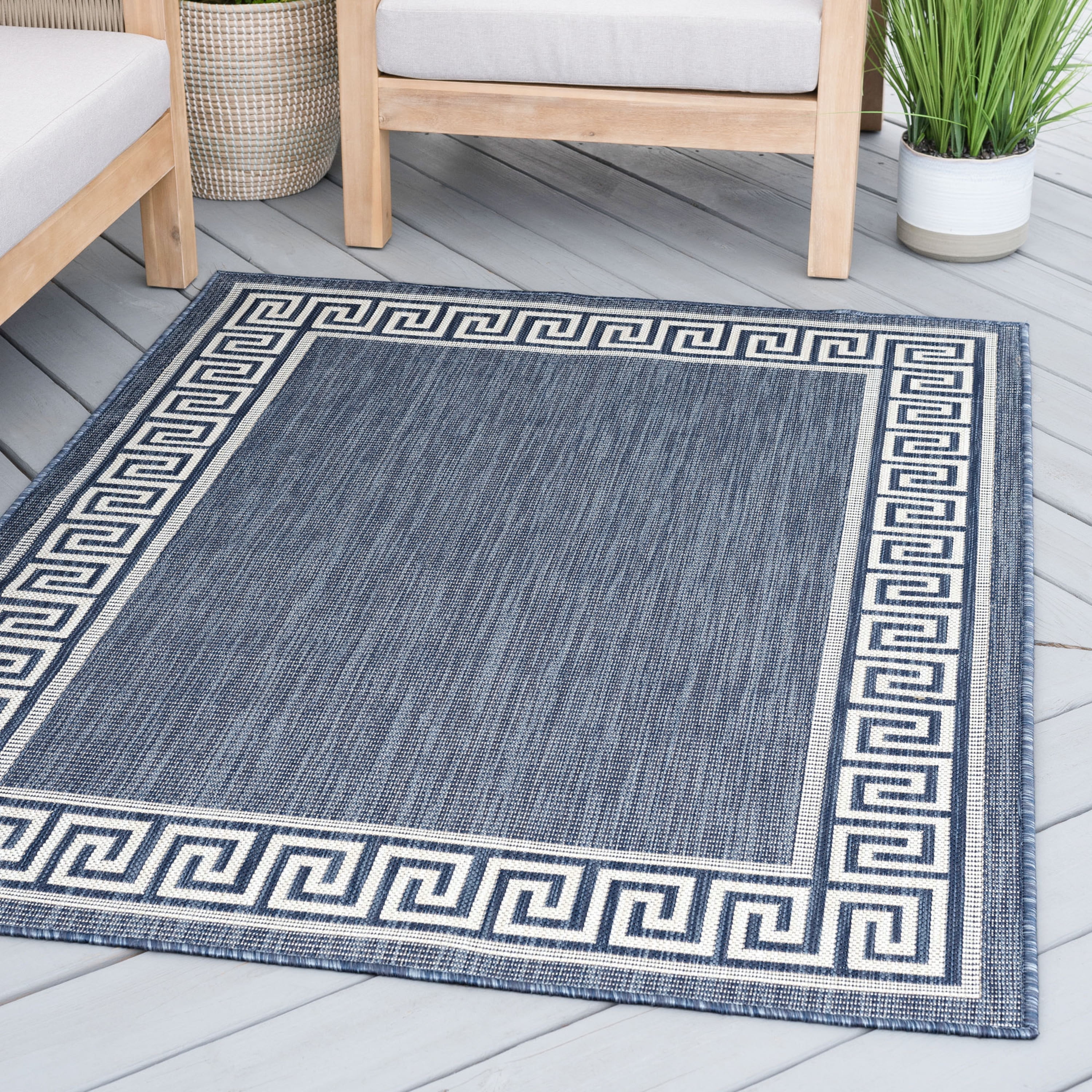 5x8 Water Resistant, Indoor Outdoor Rugs for Patios, Front Door Entry, Entryway, Deck, Porch, Balcony | Outside Area Rug for Patio | Navy, Greek Key | Size: 5'3'' x 7'3''