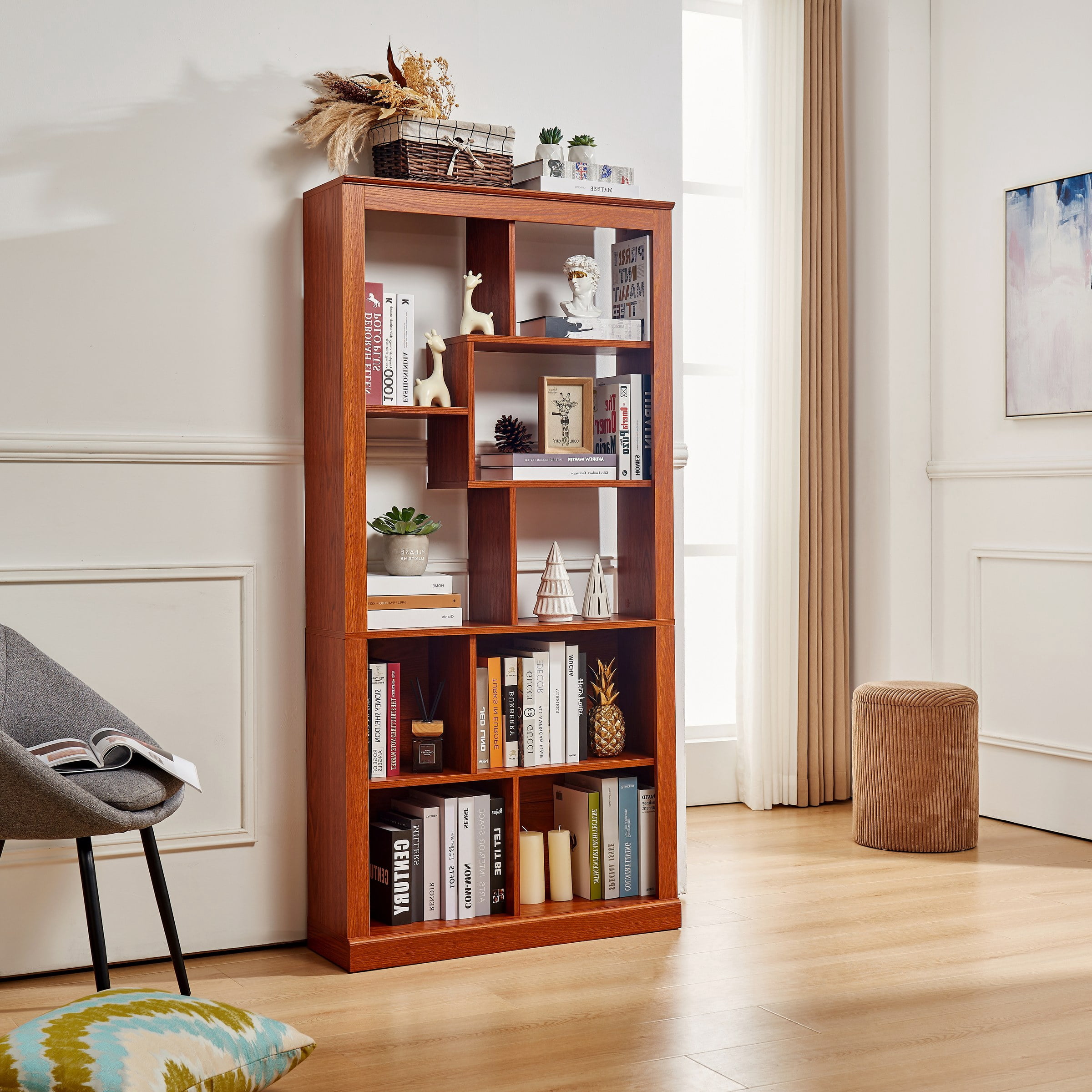 Free Combination Wood Open Bookshelf, Multi Space Display Storage Cabinet, Freestanding Bookcase with Anti-Tip Straps, Classified Storage Organizer for Living Room Bedroom Home Office