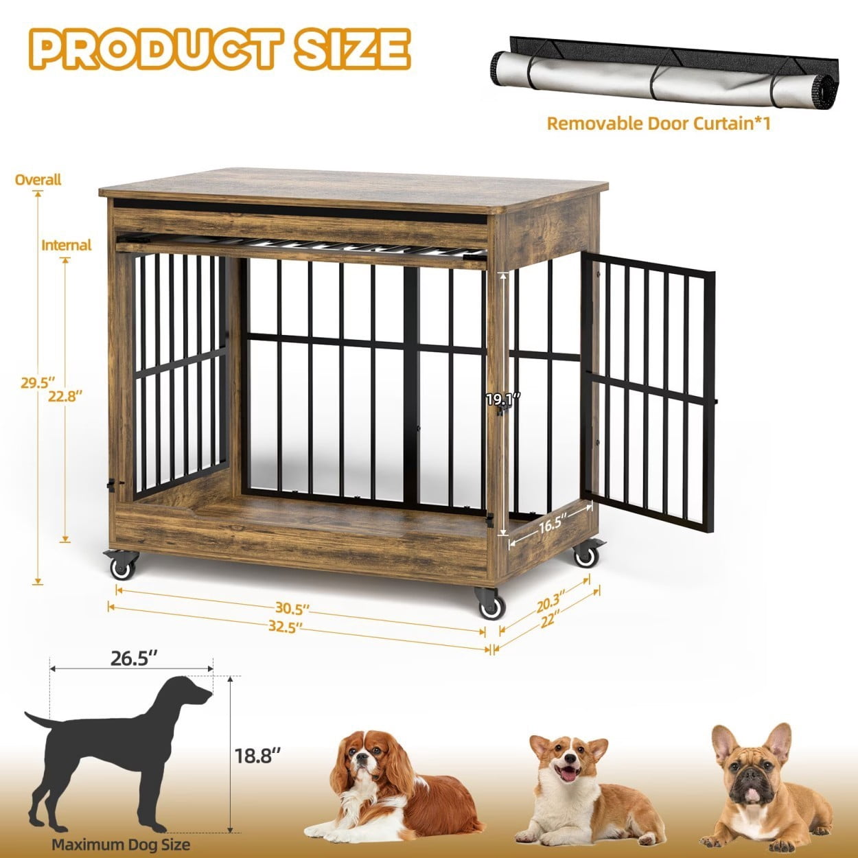 32" Dog Crate Furniture, Wooden Dog Kennel with Double Doors & Wheels, Indoor Dog Cage End Table for Small & Medium Dogs, Furniture Style Pet Crate, Rustic Brown