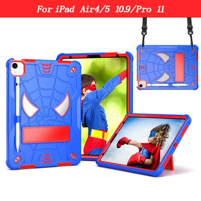 Kids Case for iPad Pro 11" 2022/2021/2020/2018/iPad Air 5/Air 4 10.9", Heavy Duty Rugged Cover with Foldable Kickstand Crossbody Shoulder Strap Pencil Holder Shockproof Case,Black+Rose