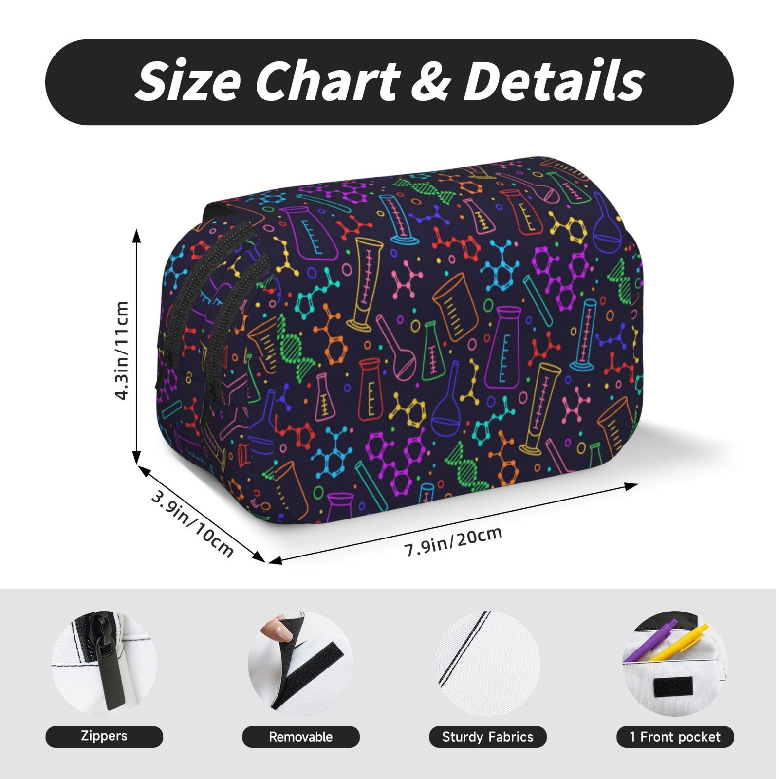 Rateoe Chemistry Science Pattern Double Clamshell Pen Case, Storage Organizer with Two Zipper Compartments– Holds Up to 50 Pencils & Pens