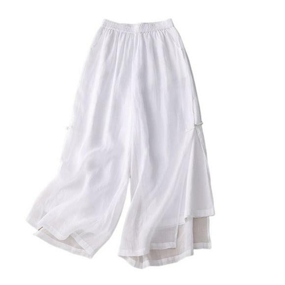 Yuyuzo Cotton Linen Pants for Women Summer Wide Leg Flowy Pants High Waisted Side Slit Lounge Trousers