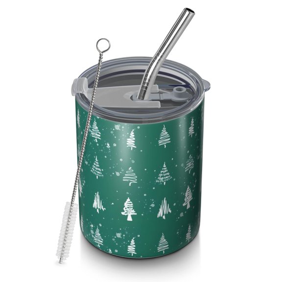12oz Coffee Tumblers Green Christmas Tree and Snow Pattern Stainless Steel Vacuum Insulated Travel Tumbler Coffee Cups Mug with Lid and Straw with Cleaning Brush for Cold & Hot Drinks