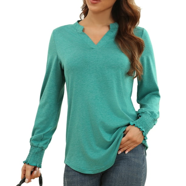 Top fruncido de manga larga,Camisa fruncida de manga larga con cuello en V y muesca para mujer Camisa fruncida suelta Rendimiento sólido