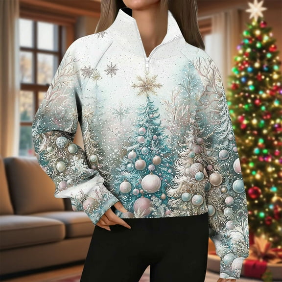 Uootdi Christmas Sweaters for Women Ugly Quarter Zip Lapel Long Sleeve Shirts for Women Christmas Holiday Sweatshirts Graphic Pullover Clothes Gift