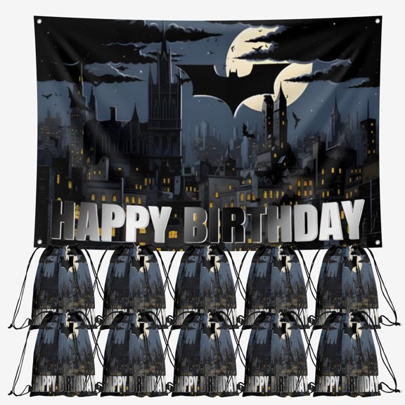 OdeJous Happy Birthday Party Supplies,10 Pieces Cartoon Candy Drawstring Bag Include Backdrop 7x5FT, Drawstring Goodie Favor Bags for Birthday Party Decorations(10.6 x 13.3 Inch)