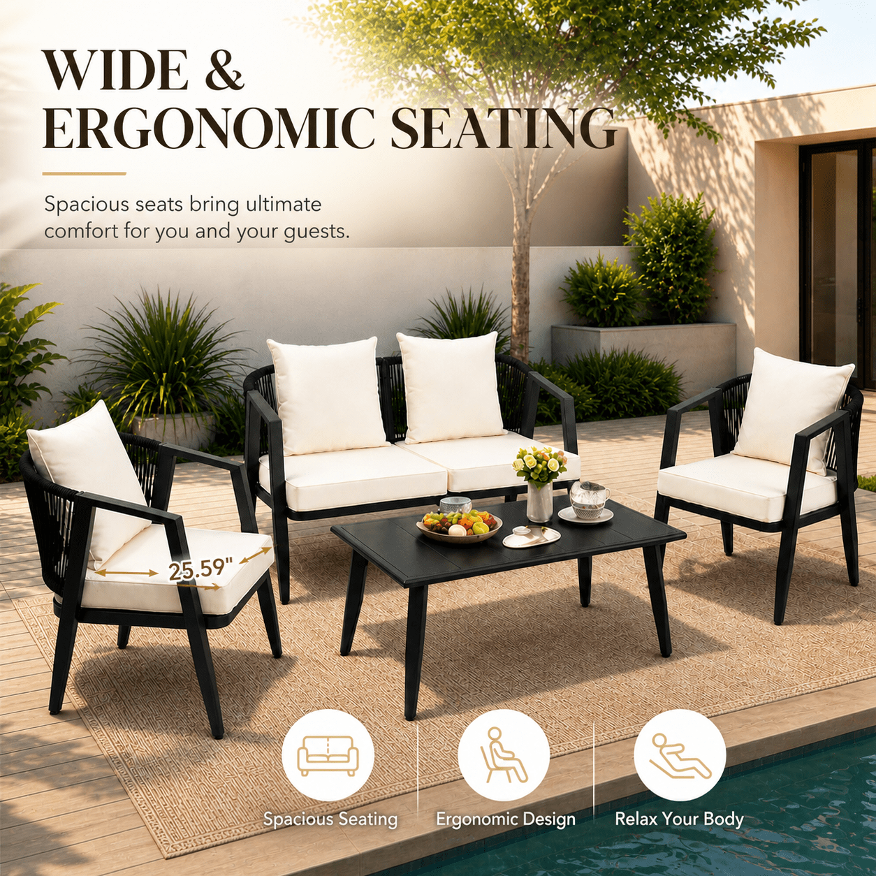 4 Pieces Heavy-duty Patio Furniture Sets, Metal Outdoor Conversation Sofa with Table, Cushioned Backyard Table and Chairs for 4 with Wide Seats, Thickened Steel Frame, Beige Cushions