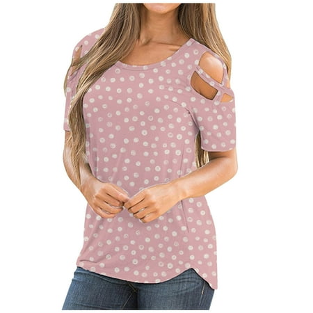 

Womens Polka Dot Short Sleeve Strappy Cold Shoulder T Shirt Tops Blouses Ladies Going Out Plus Size Y2k Tees Fall Winter Boho Floral Tunic Tops Gym Athletic Workout T-shirts Corset Tops women 2022