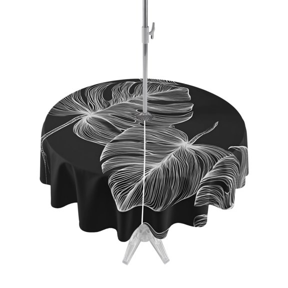 Outdoor Tablecloth with Umbrella Hole Zipper Monstera Leaf Round Tablecloth 60" Waterproof Outside Table Cloth Modern Tropical Plants Minimalism Patio Table Cover Tablecloths for Picnic Party