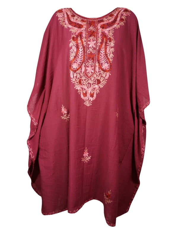 Mogul Women Embroidery Mid Length Caftan Dress V-Neck Kimono Sleeves Resort Wear Cover Up Maroon Tunic Kaftan Dresses One Size