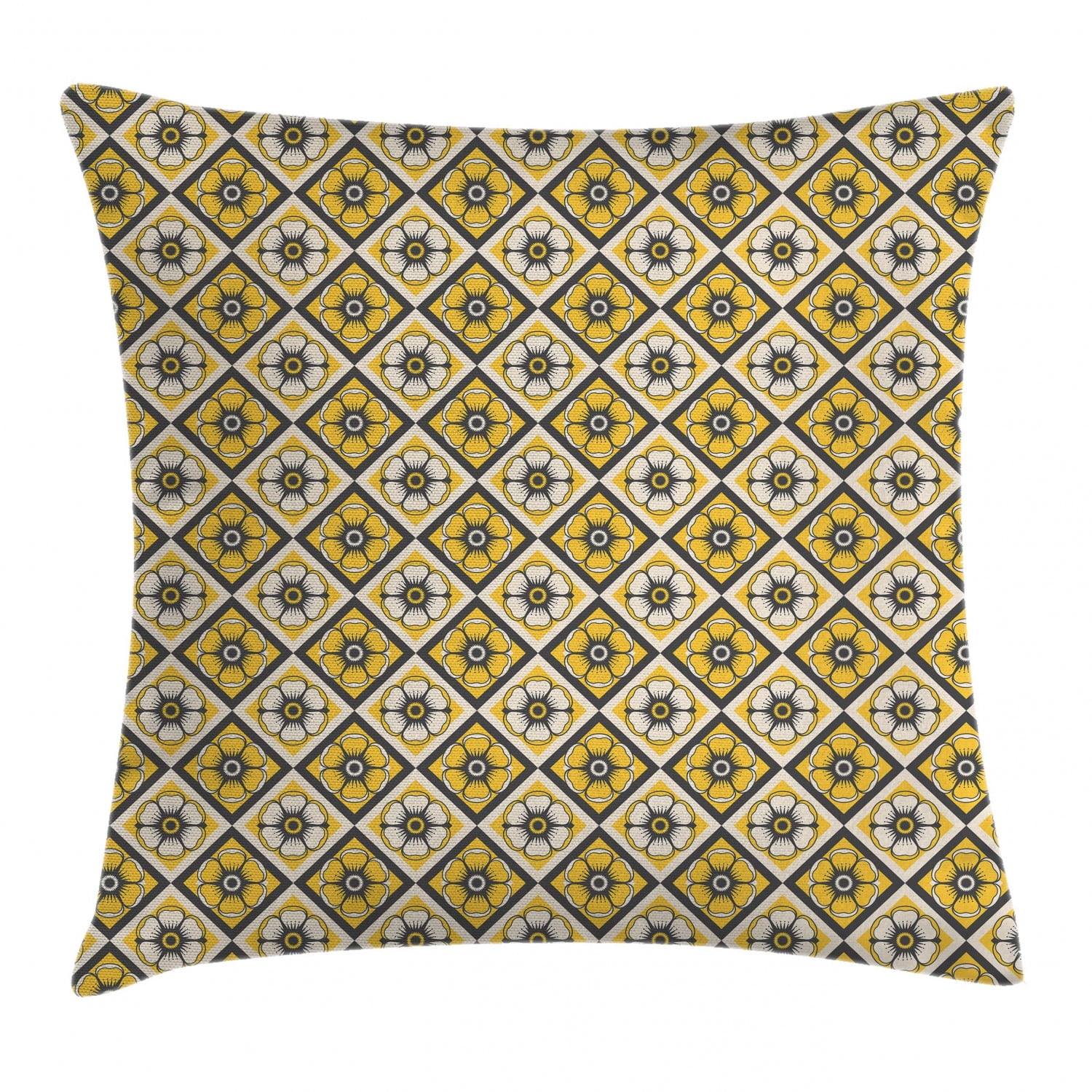 Grey and Yellow Throw Pillow Cushion Cover, Tile Like Spring Flowers in