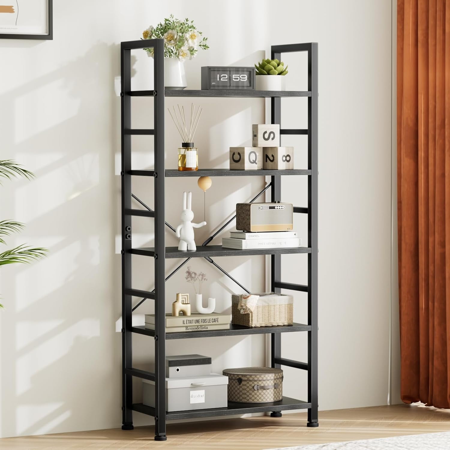 5 Tier Wooden Bookshelf Storage Shelves Organizer Retro Bookshelf Plant Display Shelf for Living Room Home Office Balcony - Black