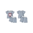 thumbnail image 2 of BemeyourBBs Toddler Baby Boy Baseball Outfit Cute Infant Baby Boy Summer Clothes Waffle Knit Ball Letter Embroidered Striped Short Sleeve T Shirts and Pockets Shorts Set, 2 of 9