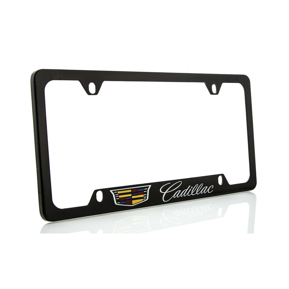 Cadillac with Crest Brass License Plate Frame with Glossy Black Finish