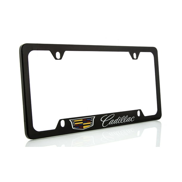 Cadillac with Crest Brass License Plate Frame with Glossy Black Finish