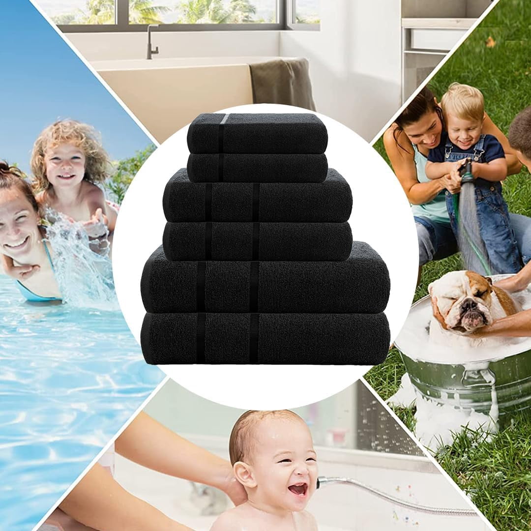CASA COPENHAGEN Eternal 6 Pieces Towel Set- Black, 500 GSM 2 Bath Towel 2 Hand Towel 2 Washcloth, Designed in Denmark Made of Soft Egyptian Cotton for Bathroom, Kitchen & Shower