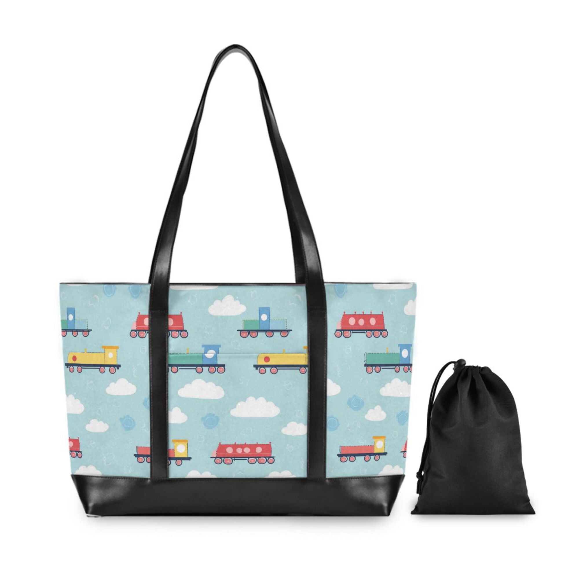 FORMRS Canvas Laptop Tote Bag for Women with 15.6" Computer Compartments Shoulder Handbag, Blue Trains Pattern