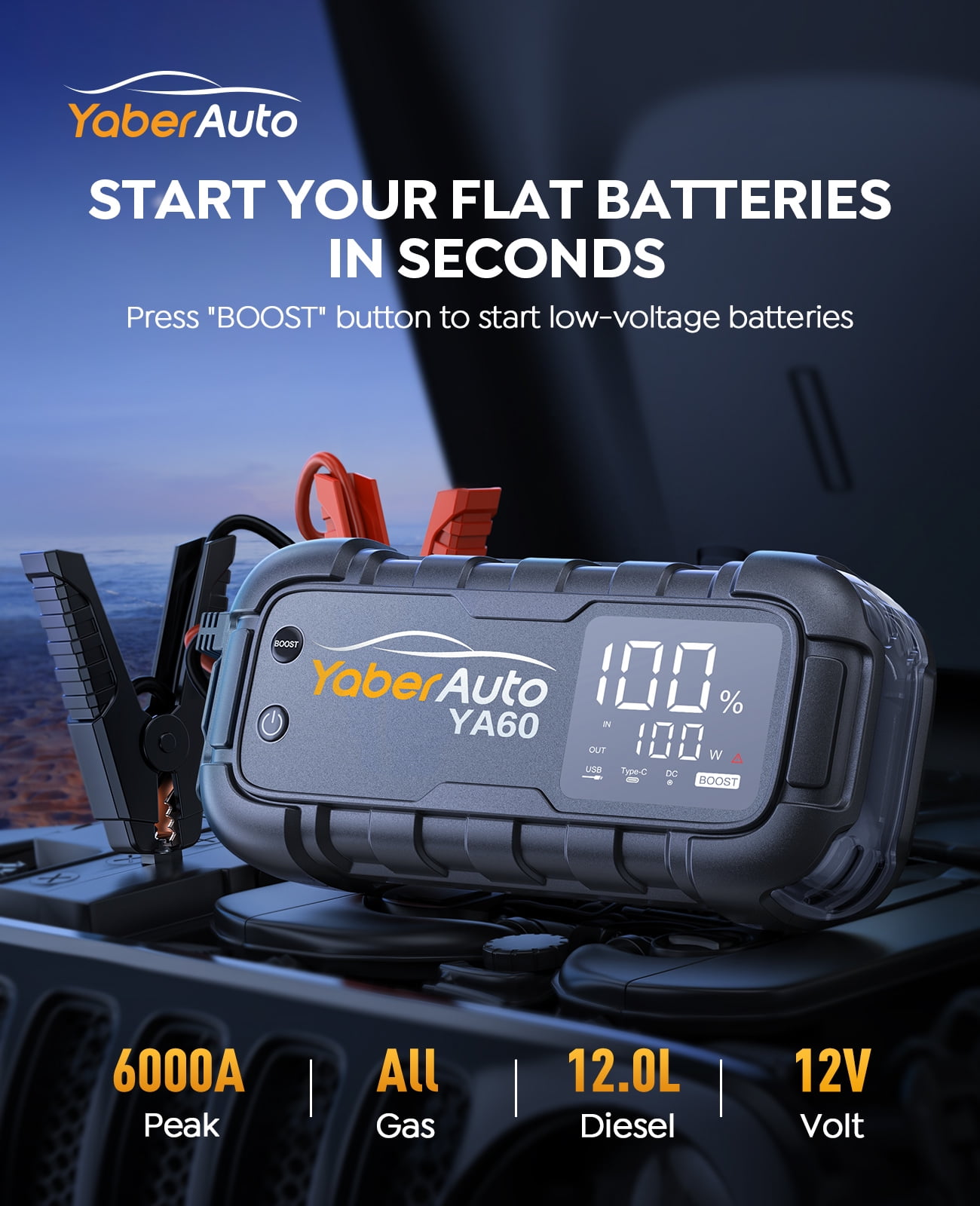 YaberAuto 6000A Car Jump Starter, 12V Battery Booster Jump Box, PD 65W Fast Charging, 150W DC, 600LM Light, All Gas/12.0L Diesel