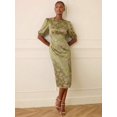 thumbnail image 6 of Elegant Yellow Silk Satin Floral Jacquard Round Neck Midi Dress With Split Hem, 6 of 6