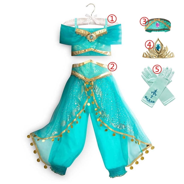 Disney Jasmine Dress Aladdin Princess Magic Lamp Girls Birthday Party Cosplay Costume Top+Pant+Headband Carnival Clothes Vestido11-12T(Size160) Gao Jinjia LED