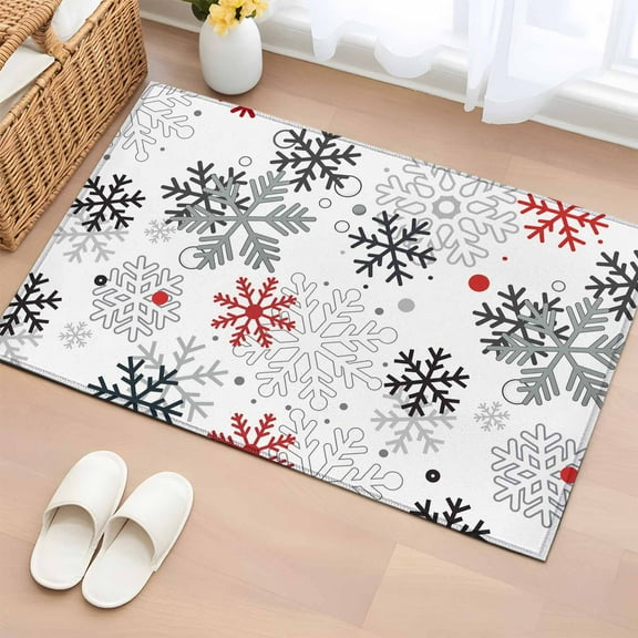 Christmas Snowflakes Bathroom Rug Washable 2x3 Entryway Rug Non Slip Red Grey Xmas Winter Watercolor Front Door Mat Low Pile Indoor Doormat Throw Floor Carpet for Kitchen Bedroom Entrance