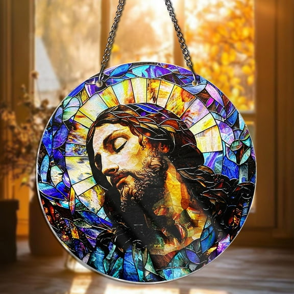 Jesus STAINED GLASS Window Hanging Decor Christian Sun Catcher Round Panel Religious Home Decor Catholic Gift for Prayer Room Decor