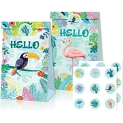 Hawaiian Flamingo Theme Party Paper Gift Bag,Luau Party Treat Bags,12 Pack Flamingo Pineapple Candy Party Goodie Bags with Thank You Stickers for Kids Birthday Party Tropical Baby Shower Summer Decora
