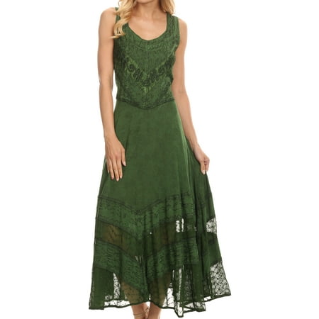 Green Floral Vine - Sakkas Zendaya Stonewashed Rayon Embroidered Floral Vine Sleeveless V-neck Dress - Dark Green - S/M