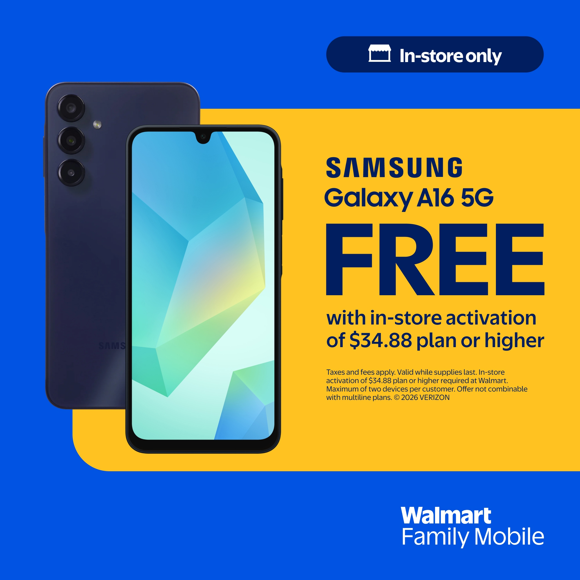 Walmart Family Mobile Samsung Galaxy A16, 128GB, 5G, Black - Prepaid Smartphone [Locked to Walmart Famliy Mobile]