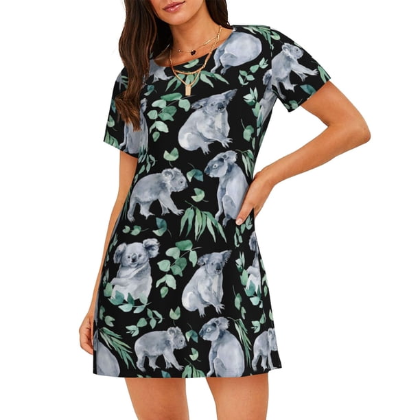 Fotbe Cartoon Koala Bear Bata de Dormir para Mujer con Estampado, Camisón de Algodón de Manga Corta, Ropa de Dormir Casual
