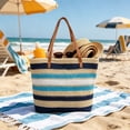 thumbnail image 4 of Hyknon Straw Beach Tote Bag for Women, Large Capacity Gradient Striped Handwoven Shoulder Bag, Summer Vacation Purse with PU Leather Shoulder Handles, Hollow Crochet Shoulder Handbag for Travel ( D ), 4 of 7
