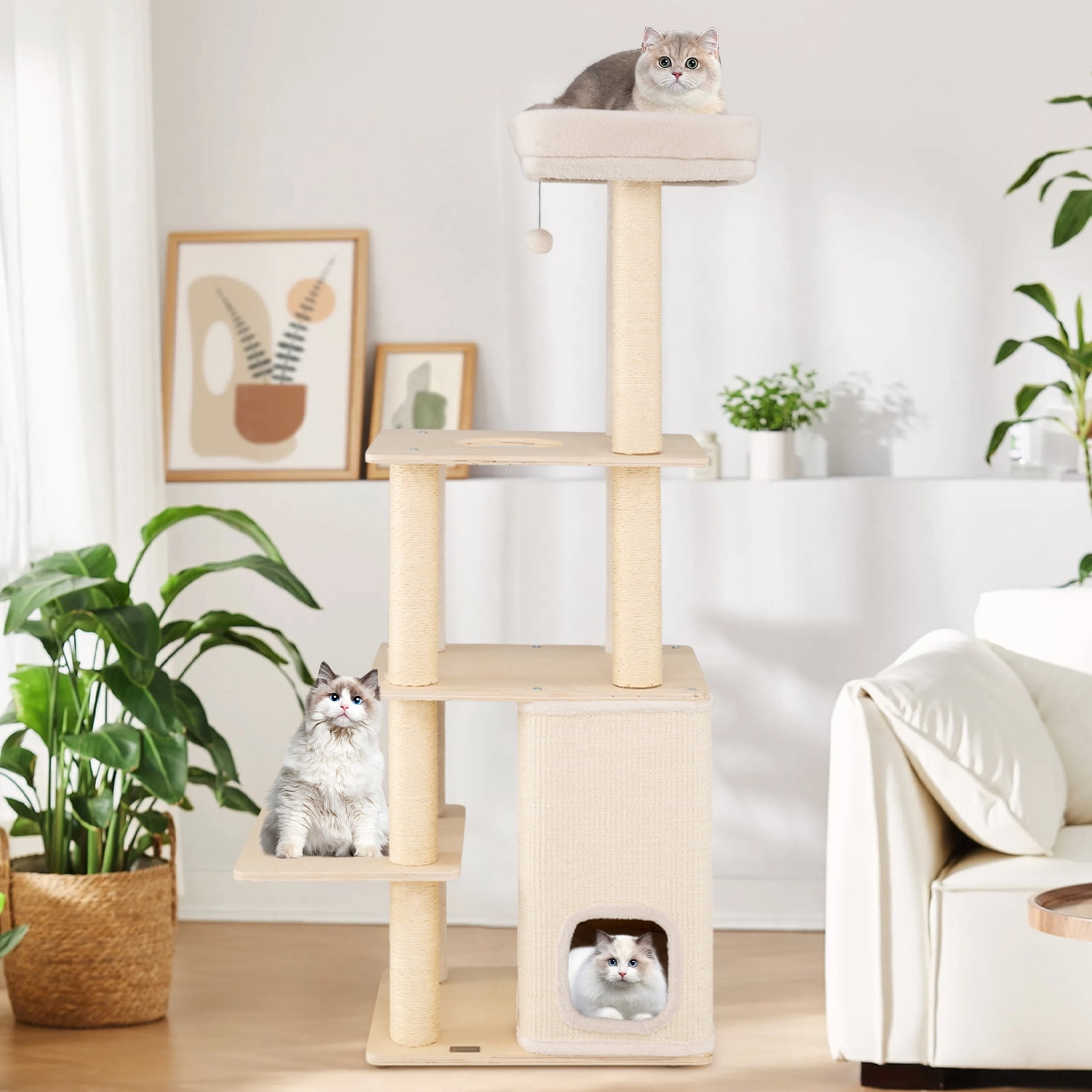 Gymax 63'' Tall Wooden Cat Tree w/2-Story Condo Plush Padded Top Perch Dangling Ball