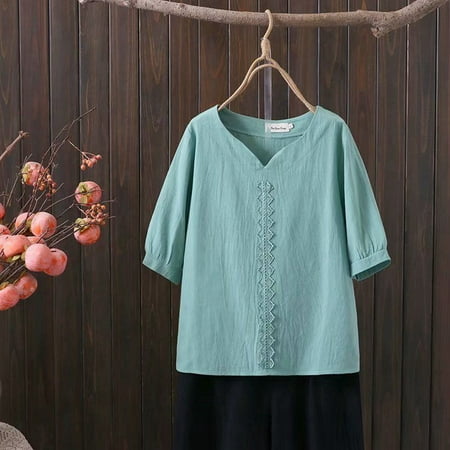 Easter Shirts for Women Going Out Tops for Women Lace Body Suit Women s Solid Linen Fashion Lace Trim Plus Size Short Sleeve T Shirt Casual Loose fit Tunic Top Business Casual Tops for Women Bodysuit