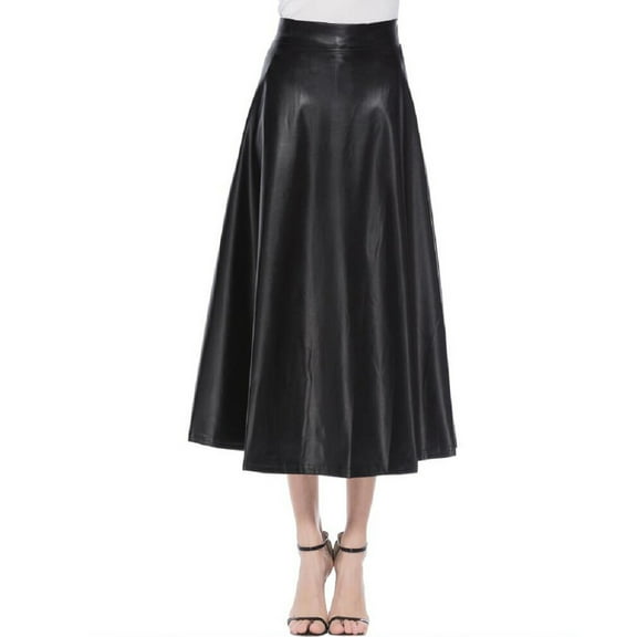 Kcocoo Womens Solid Color High Waist Faux Leather Skirt A Line Long Skirts PU Black S