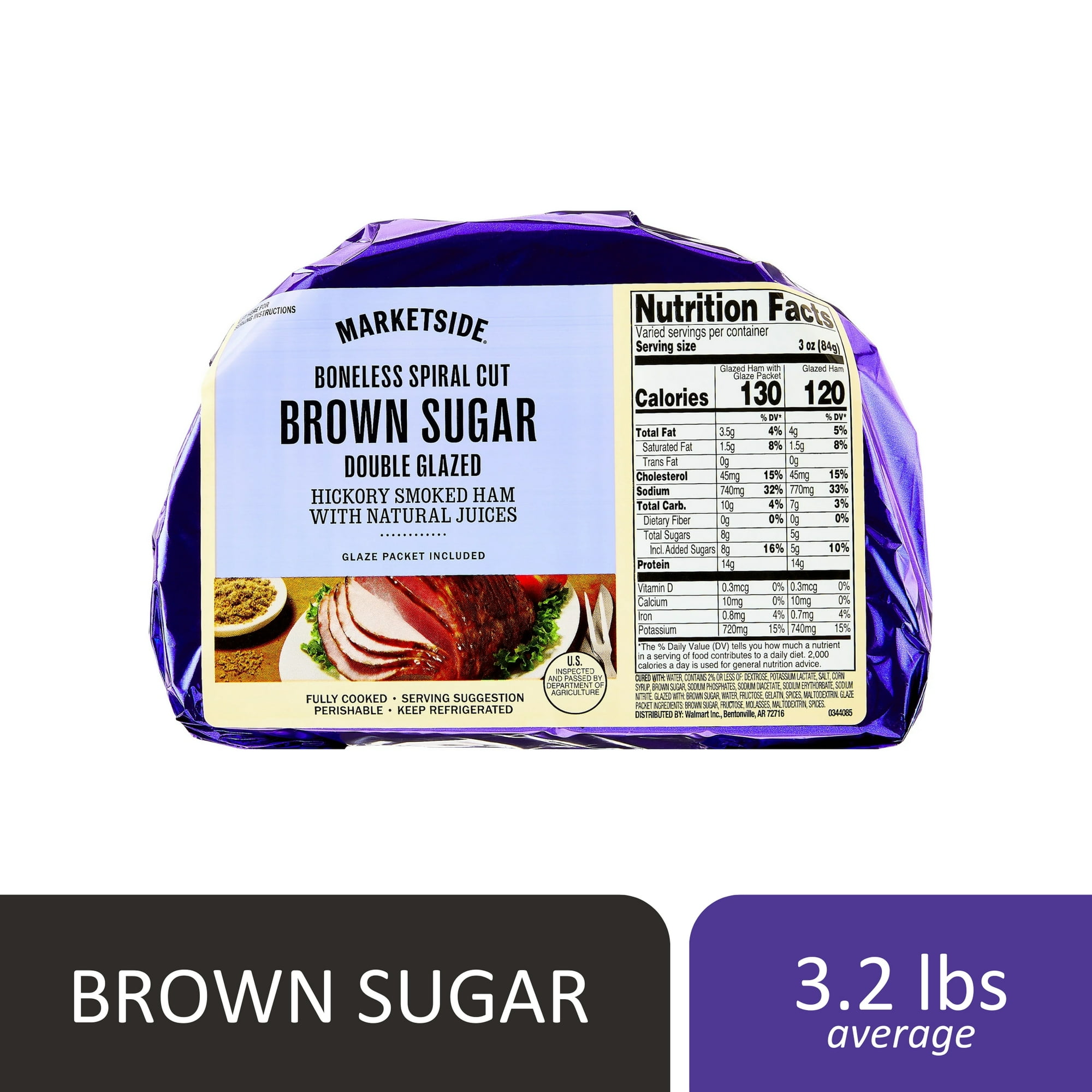 Marketside Natural Juice Boneless Spiral-Cut Brown Sugar Double Glazed Ham, Whole Muscle Cut, Pork, 3 - 4.8 lbs, 13g grams of protein per serving