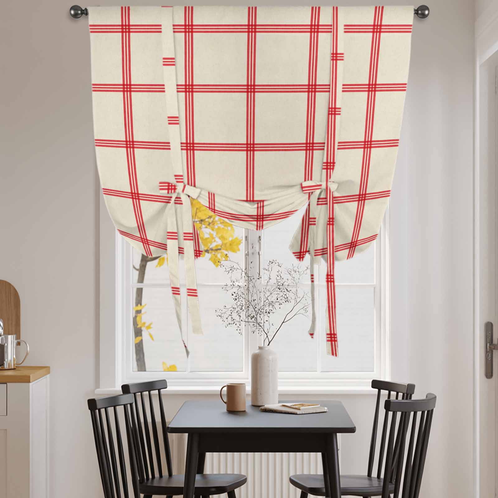 Yellow Buffalo Plaid Balloon Curtains 63 Inch Length for Living Room/Bedroom, Red Lines Grid Pattern Vintage Rod Pocket Privacy Door Curtains Decorative Tie Up Shade for Window 52"x63"