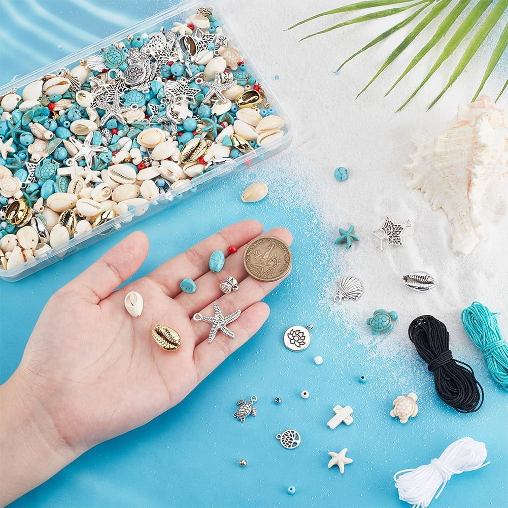 Surfer Wave Boho Bracelet Making Kit 710pcs Blue Beads Bracelet Kit Turquoise Turtle Starfish Beads Ocean Seashell Charms with Cords